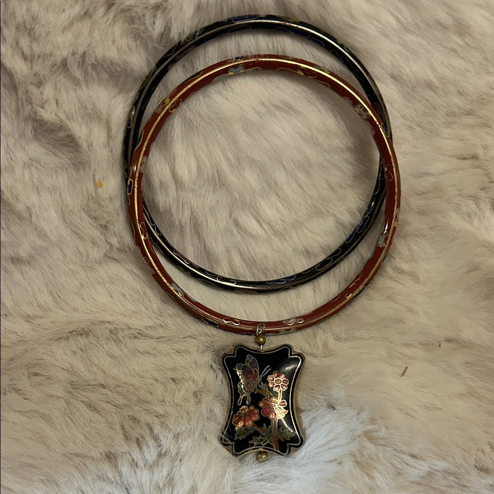 Vintage Cloissonne Butterfly pendant and two stacking bracelet bundle
